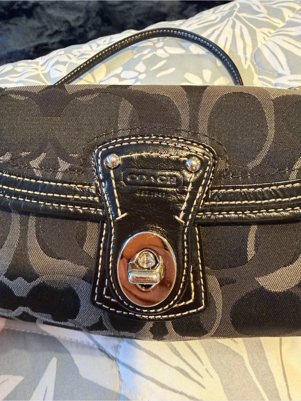 Coach Black Signature Turnlock Wristlet with Leather Trim